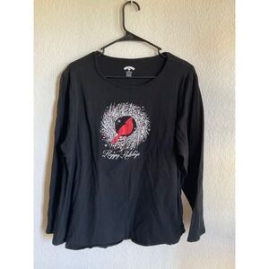 Holiday Time Womens 2X Black Cardinal Wreath Graphic Tee Long Sleeve Cotton Top